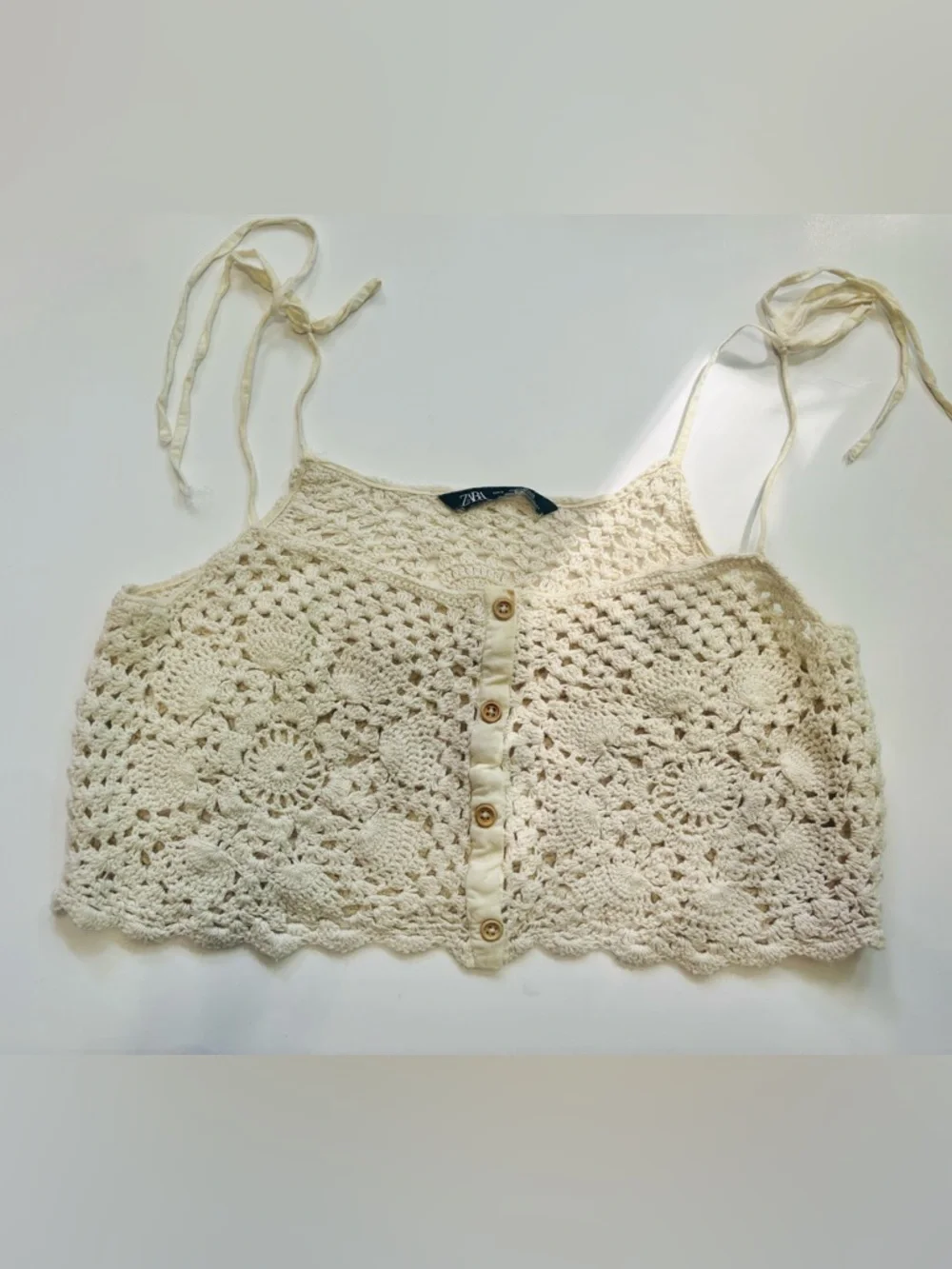 Zara Crochet Tie-Shoulder Crop Top in Cream - Picture 3 of 4